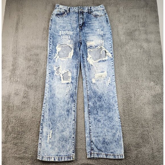 Unbranded Denim - Womens Acid Wash Distress Wide Leg High Waist Jean *Size 8 Ripped Grunge Stretch